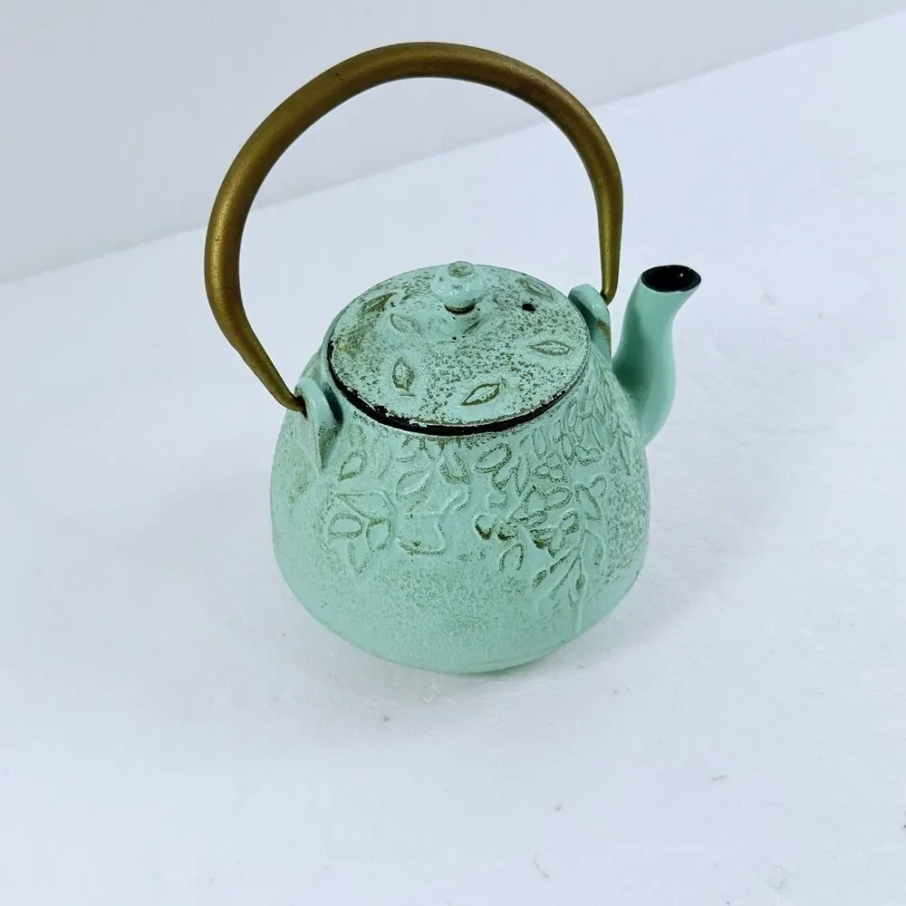 Vintage Japanese Cast Iron Teapot Green Embossed Leaf Design W/ Lid & Handle